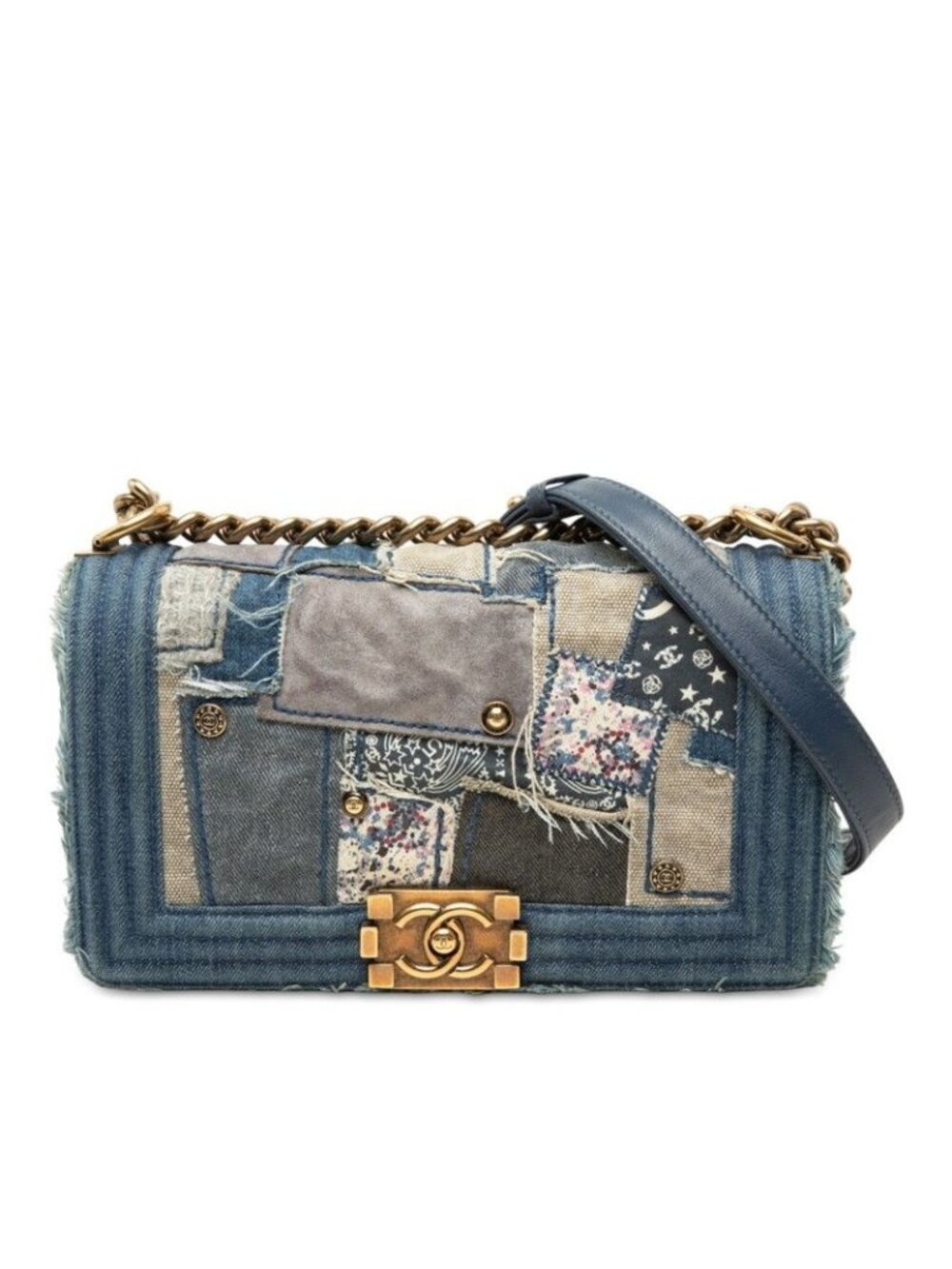 Chanel CC Logo Boy 25 Chain Shoulder Bag Patchwork Indigo Blue Denim